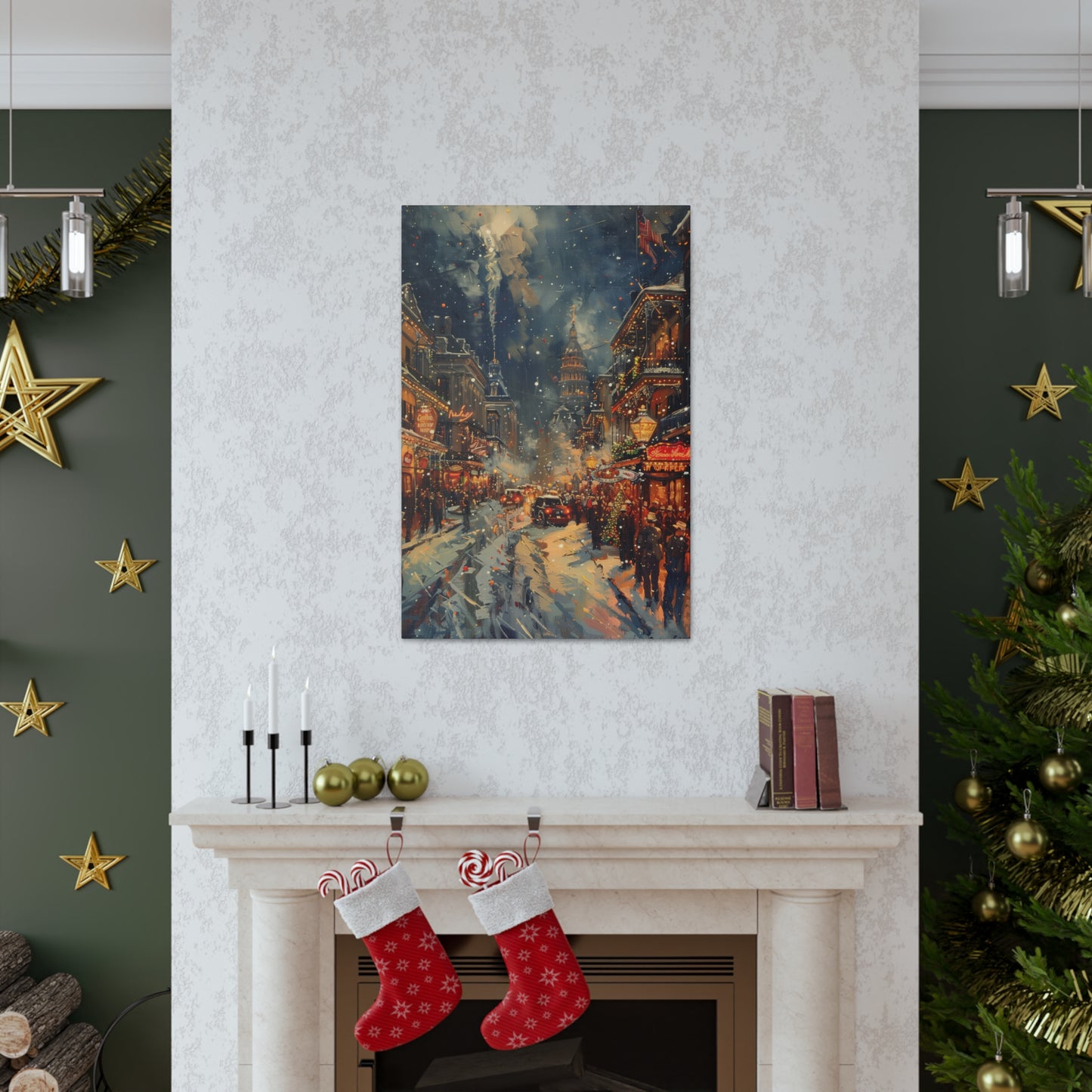 Christmas Street Corner in Downtown - Rembrandt Style Digital Oil Painting Canvas Gallery Wraps