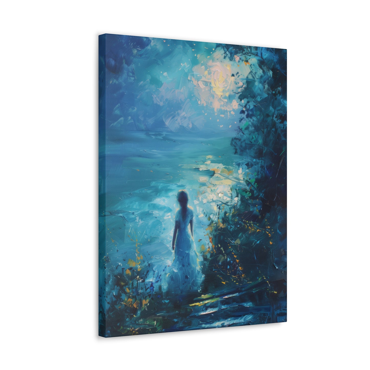 Woman looking at sea night time Digital Oil Painting Print Canvas Gallery Wraps