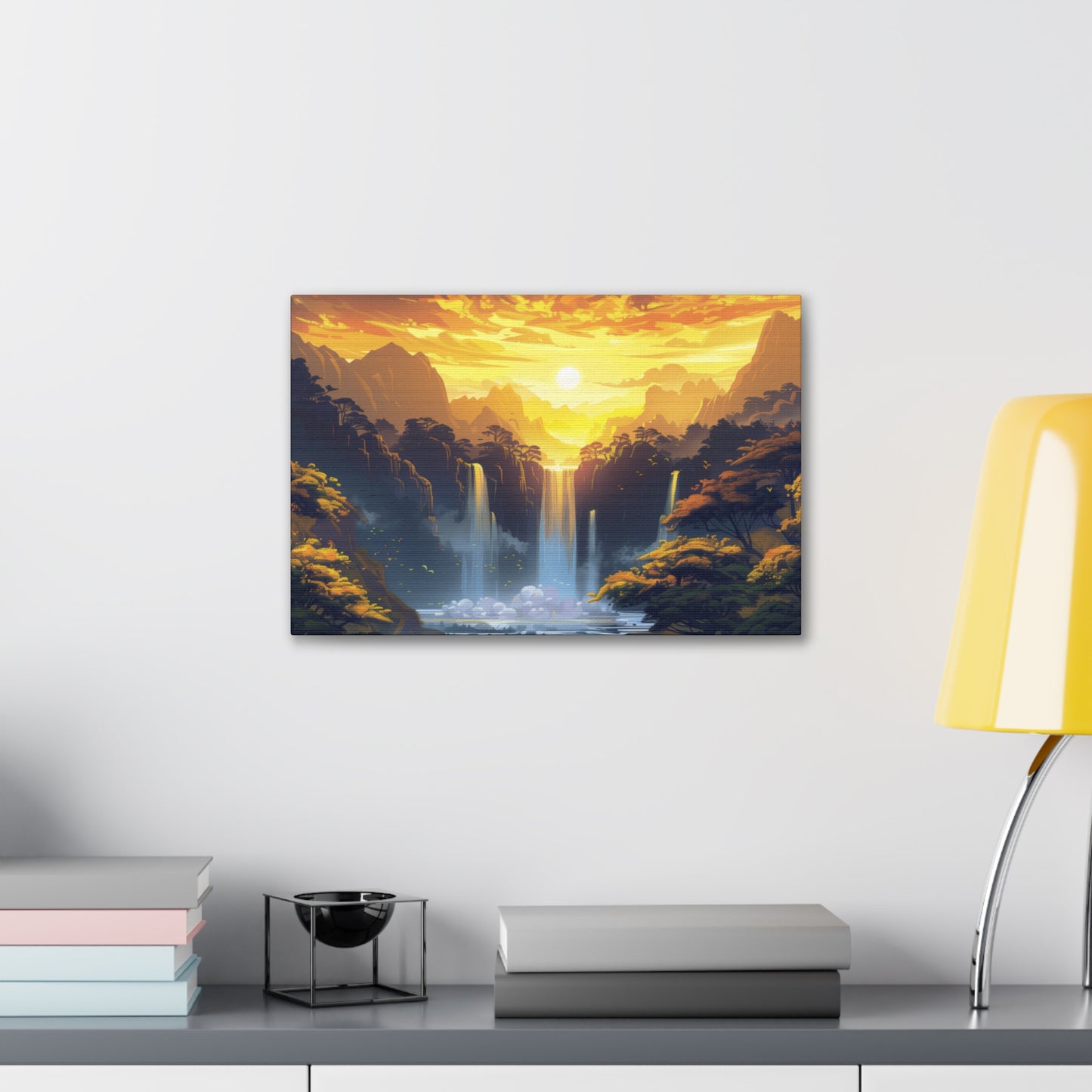 Dreamy Landscape - Waterfall and Mountains in Golden Morning Illustration Canvas Gallery Wraps