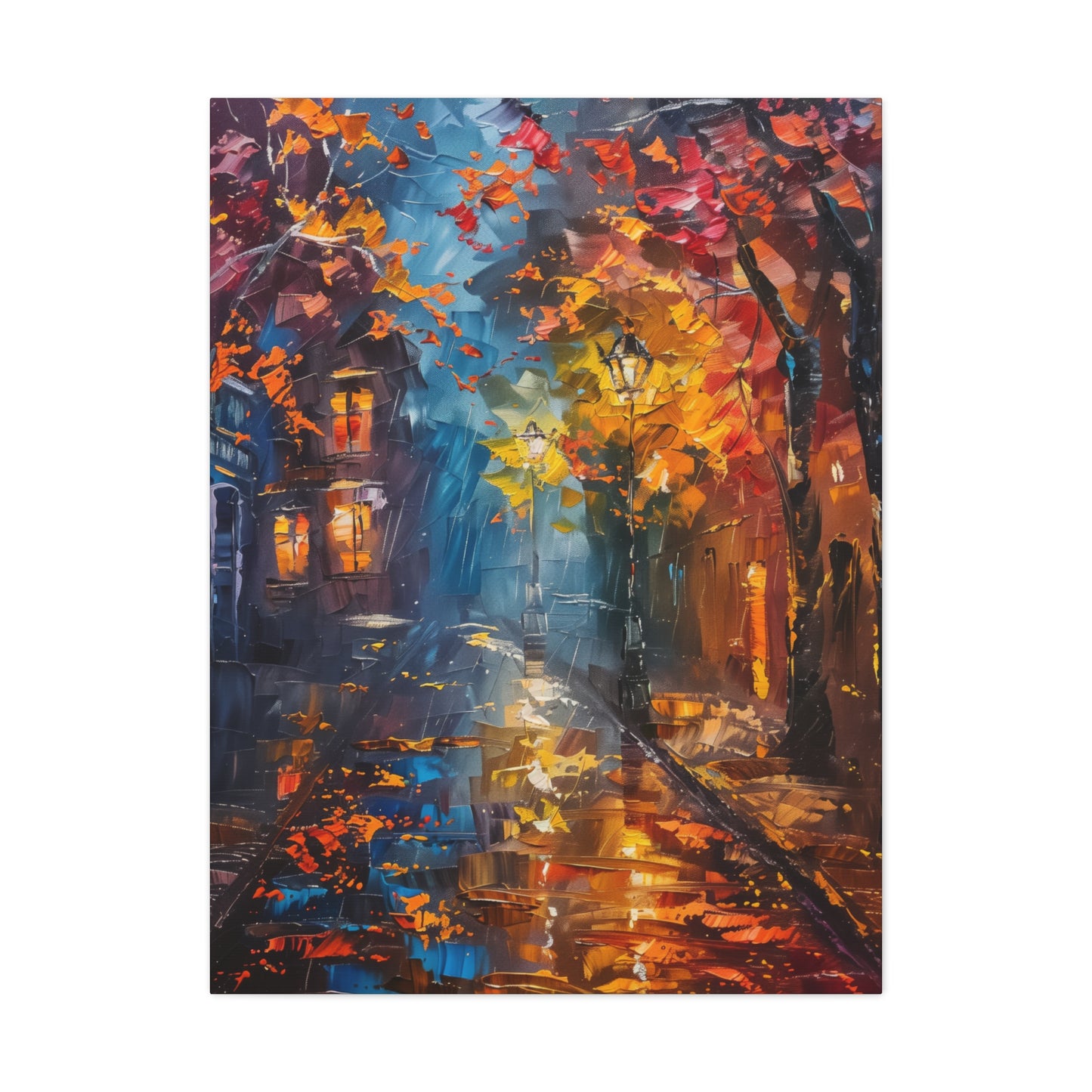 Nighttime Street in Autumn - Leonid Afremov Style Digital Oil Painting Canvas Gallery Wraps