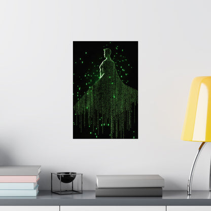 Neon Code Guardian: 3D Glitch Superman Matrix Effect - Digital Illustration Matte Vertical Poster