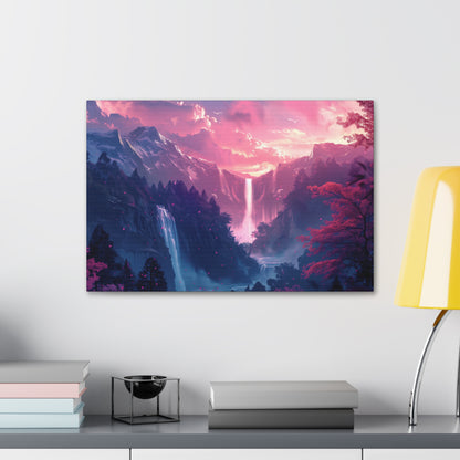 Dreamy Landscape with Waterfall and Mountains - Purple Evening Digital Illustration Canvas Gallery Wraps