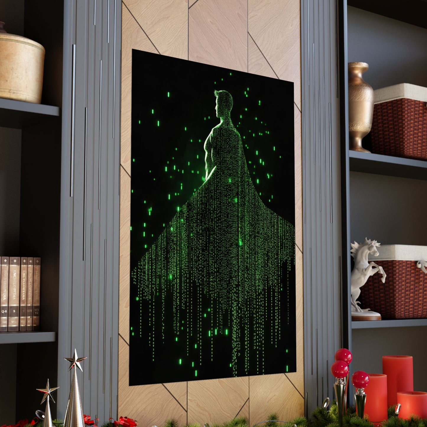 Neon Code Guardian: 3D Glitch Superman Matrix Effect - Digital Illustration Matte Vertical Poster