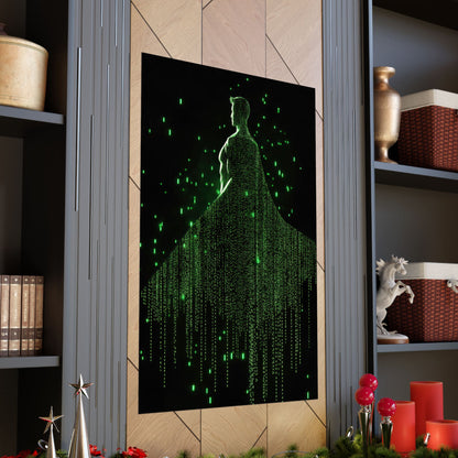 Neon Code Guardian: 3D Glitch Superman Matrix Effect - Digital Illustration Matte Vertical Poster