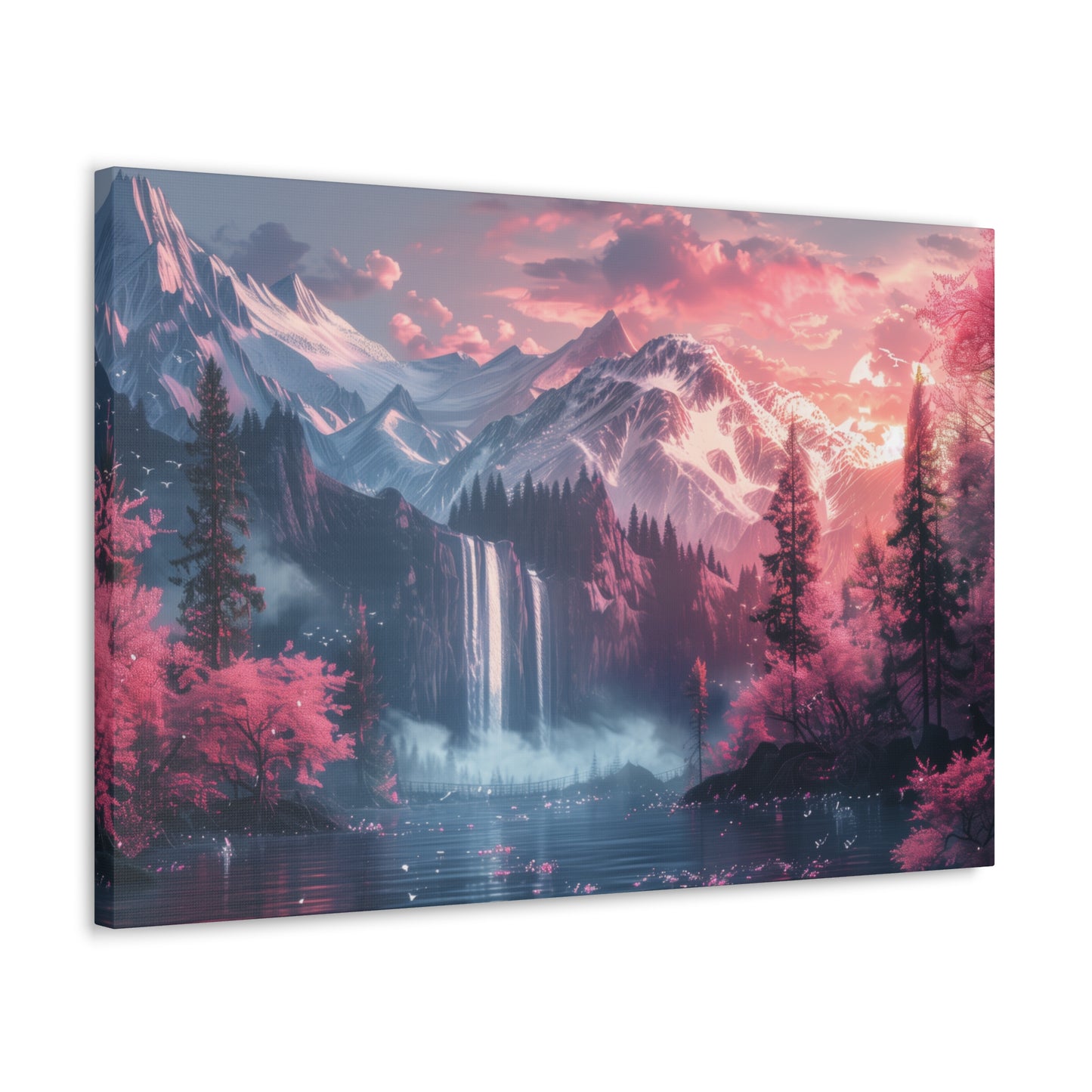 Dreamy Landscape Sunset with Waterfall and Mountains - Digital Illustration Canvas Gallery Wraps