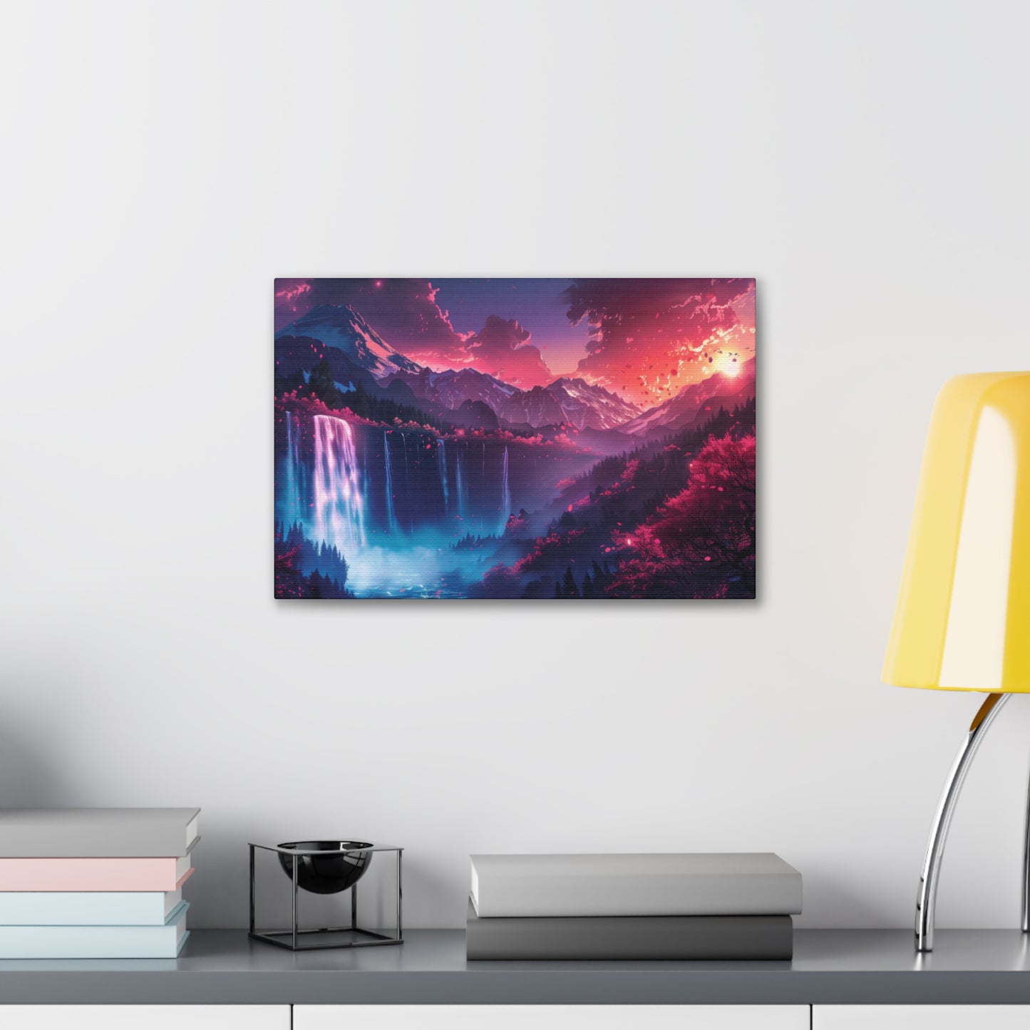 Dreamy Landscape Sunset with Waterfall and Mountains - Digital Illustration Canvas Gallery Wraps