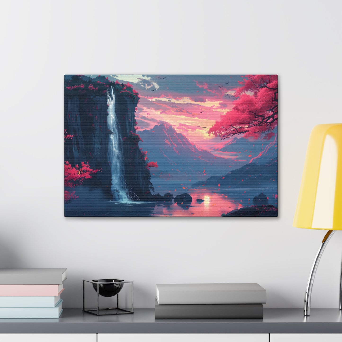 Dreamy Landscape with Waterfall and Mountains - Purple Evening Digital Illustration Canvas Gallery Wraps