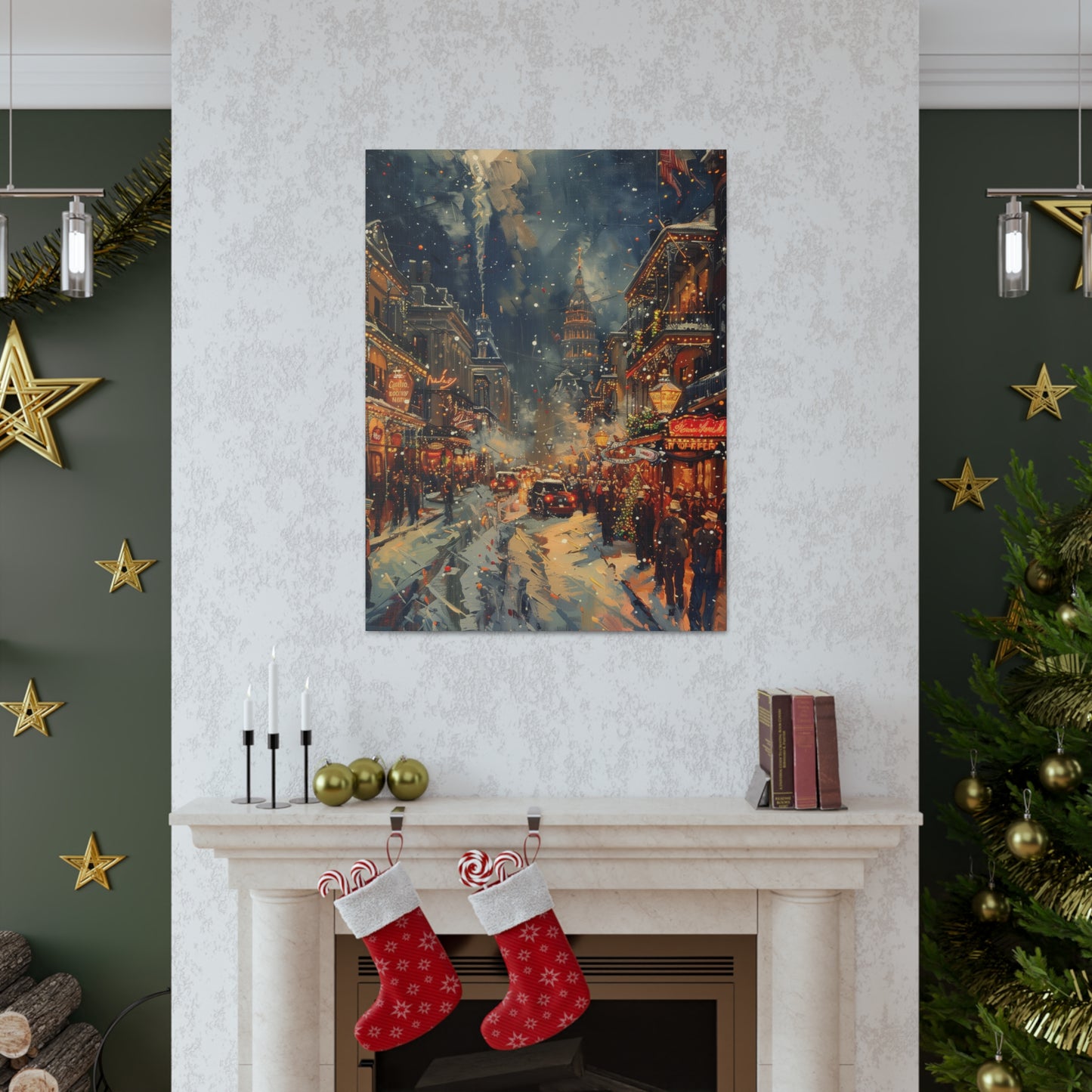 Christmas Street Corner in Downtown - Rembrandt Style Digital Oil Painting Canvas Gallery Wraps