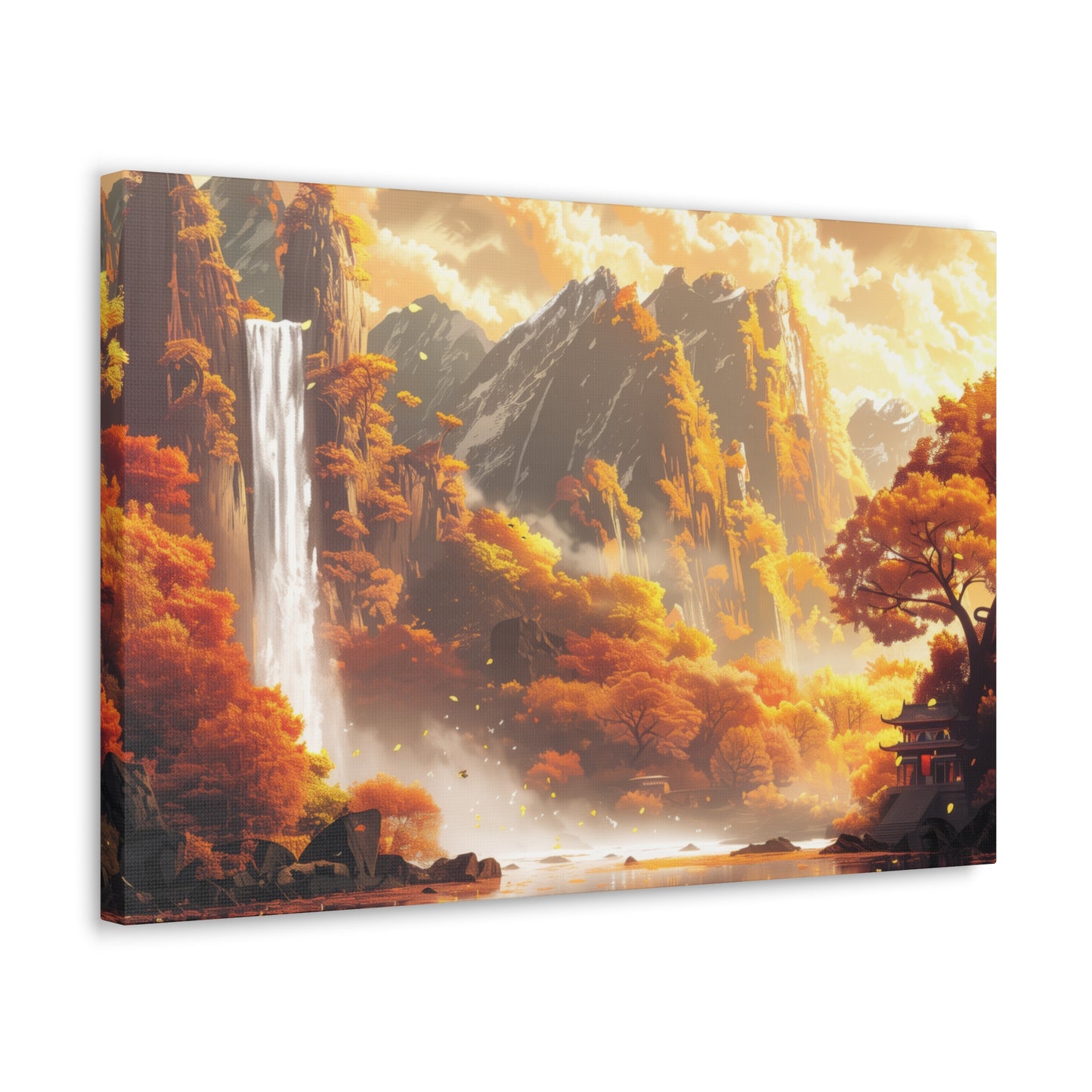 Dreamy Landscape Sunset with Waterfall and Mountains - Digital Illustration Canvas Gallery Wraps