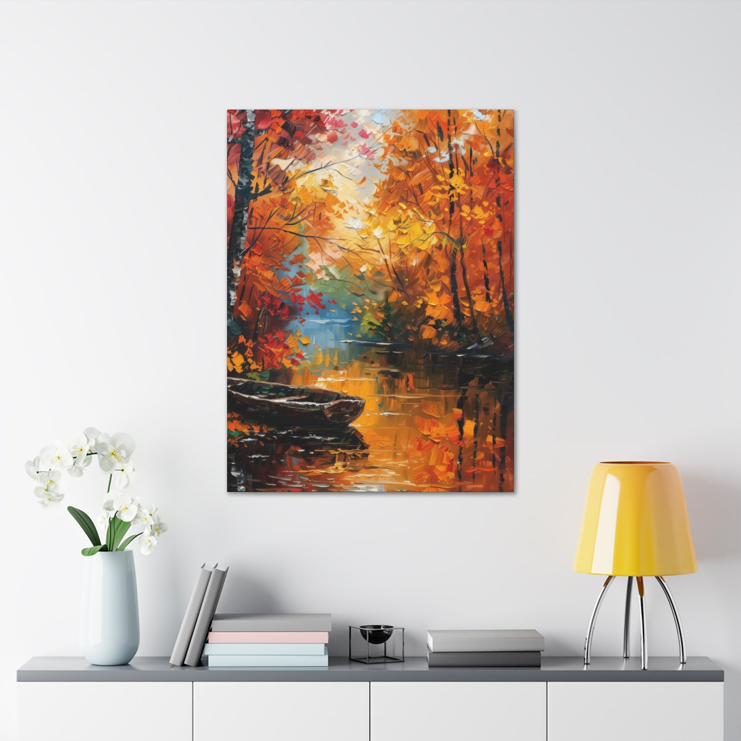 Boat in river side which flows through autumn forest - Leonid Afremov Style Digital Print Canvas Gallery Wraps