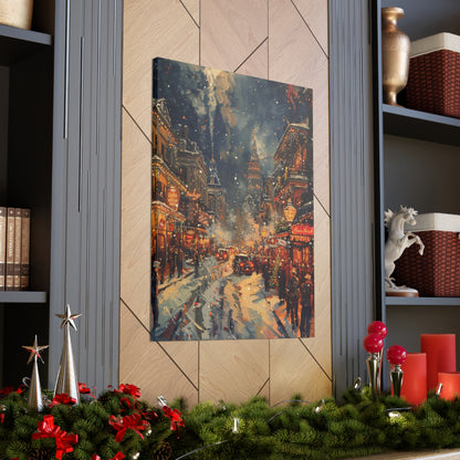 Christmas Street Corner in Downtown - Rembrandt Style Digital Oil Painting Canvas Gallery Wraps