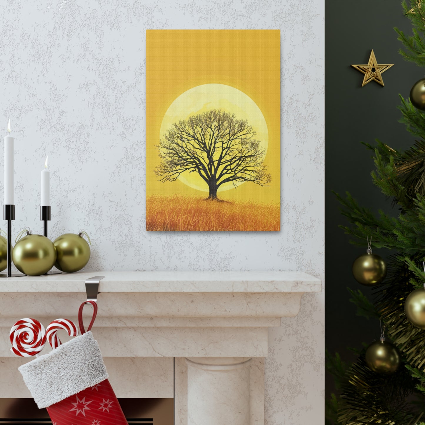 A Leafless Tree in a Golden Evening Digital illustration Canvas Gallery Wraps