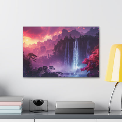 Dreamy Landscape Sunset with Waterfall and Mountains - Digital Illustration Canvas Gallery Wraps