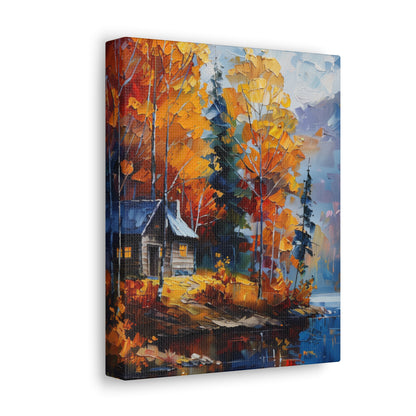 a house near the river which flows through autumn forest - Leonid Afremov Style Digital Print Canvas Gallery Wraps