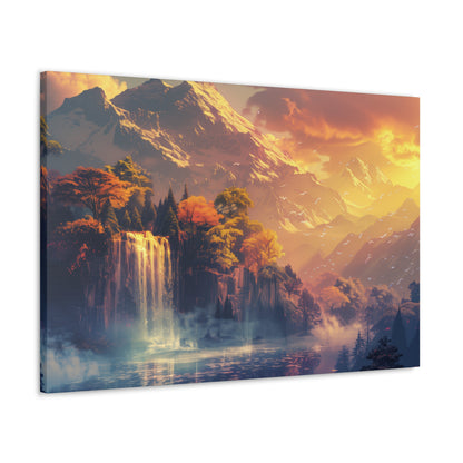 Dreamy Landscape Sunset with Waterfall and Mountains - Digital Illustration Canvas Gallery Wraps