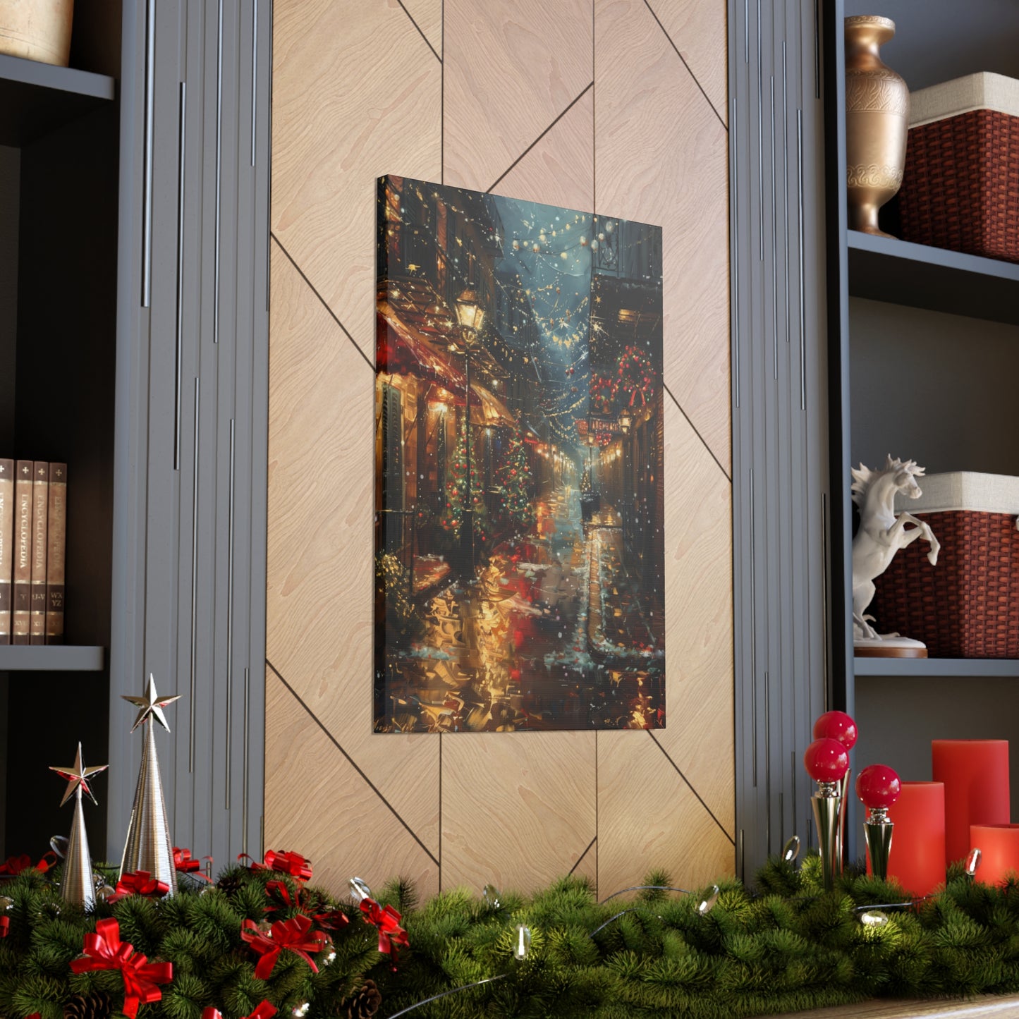 Christmas Time Downtown Street Corner - Rembrandt Style Digital Oil Painting  Canvas Gallery Wraps