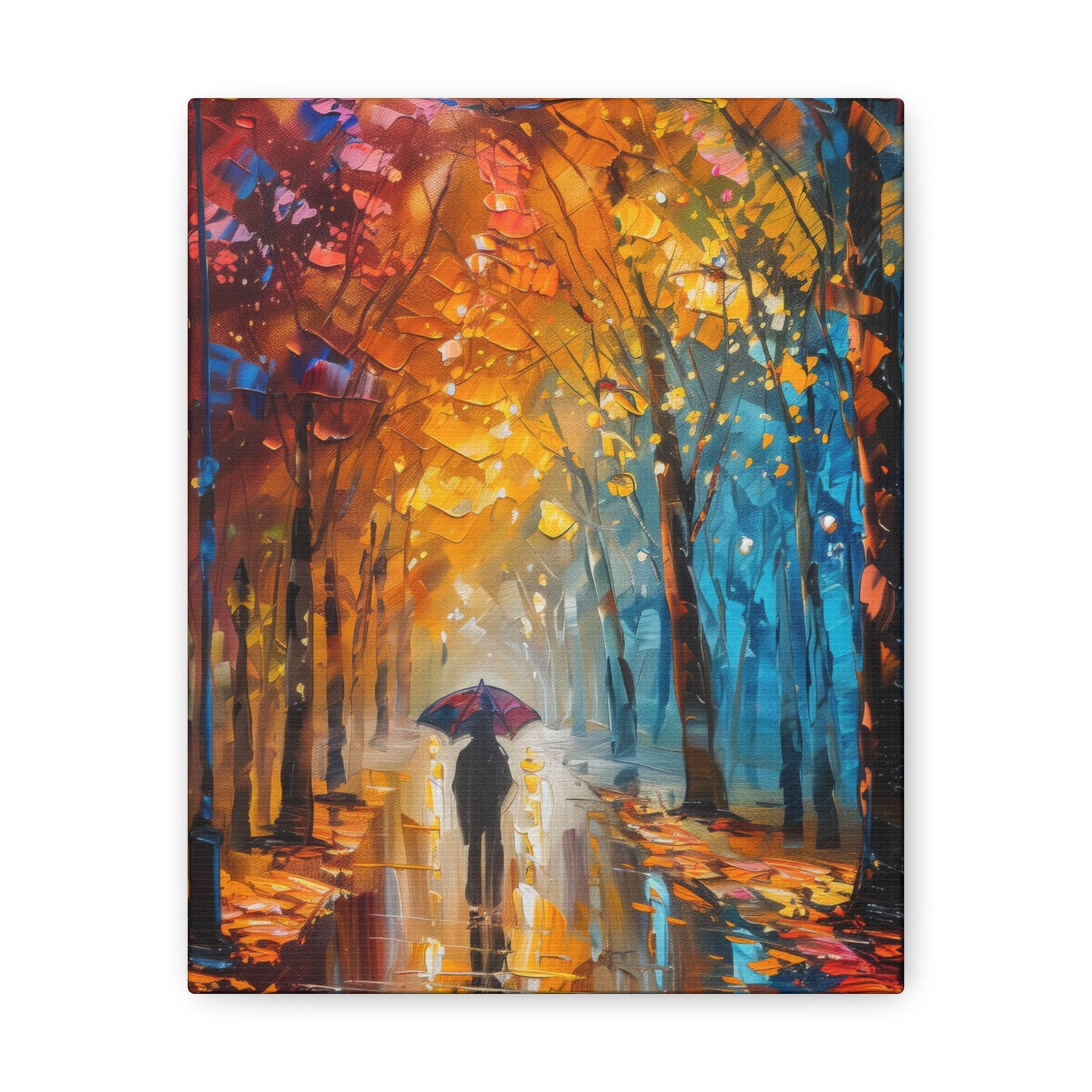 man walking through forest road with umbrella - Leonid Afremov Style Digital Print Canvas Gallery Wraps