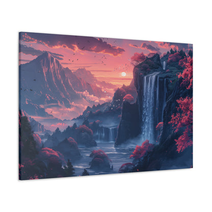 Dreamy Landscape Sunset with Waterfall and Mountains - Digital Illustration Canvas Gallery Wraps