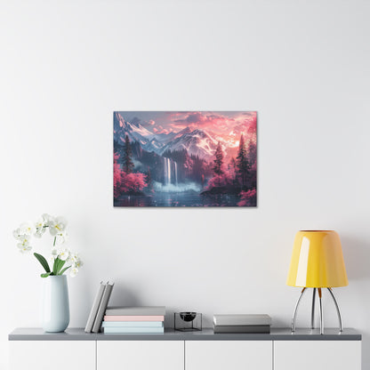 Dreamy Landscape Sunset with Waterfall and Mountains - Digital Illustration Canvas Gallery Wraps