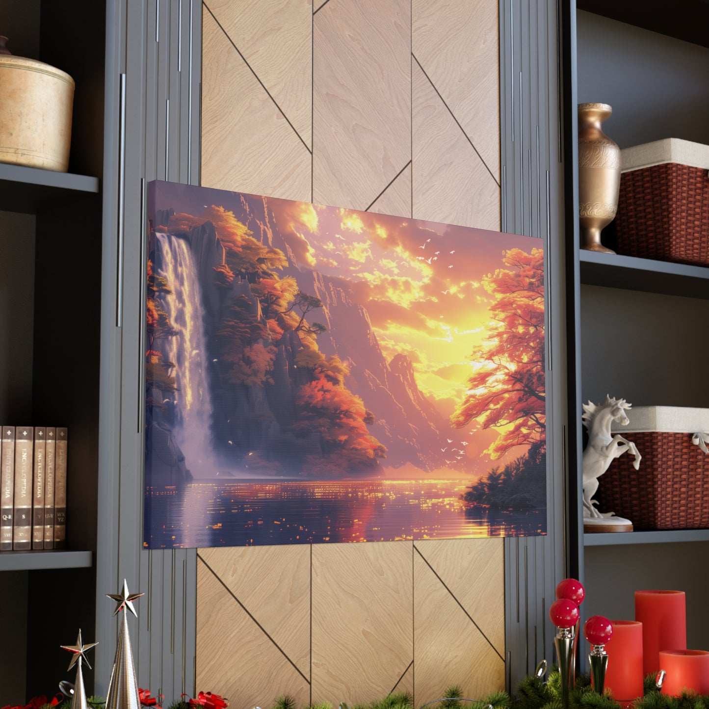 Dreamy Landscape - Waterfall and Mountains in Golden Morning Illustration Canvas Gallery Wraps