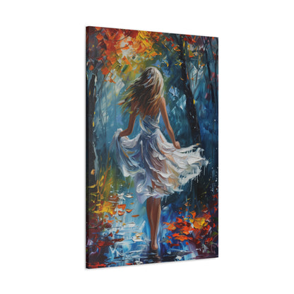 girl walking in the street wearing white dress - Leonid Afremov Style Digital Print Canvas Gallery Wraps