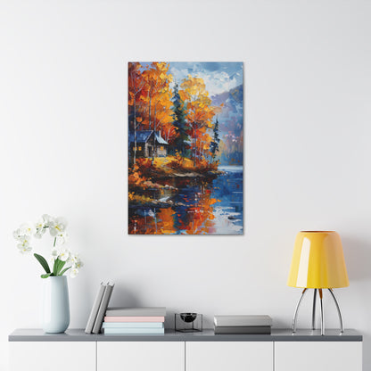 a house near the river which flows through autumn forest - Leonid Afremov Style Digital Print Canvas Gallery Wraps