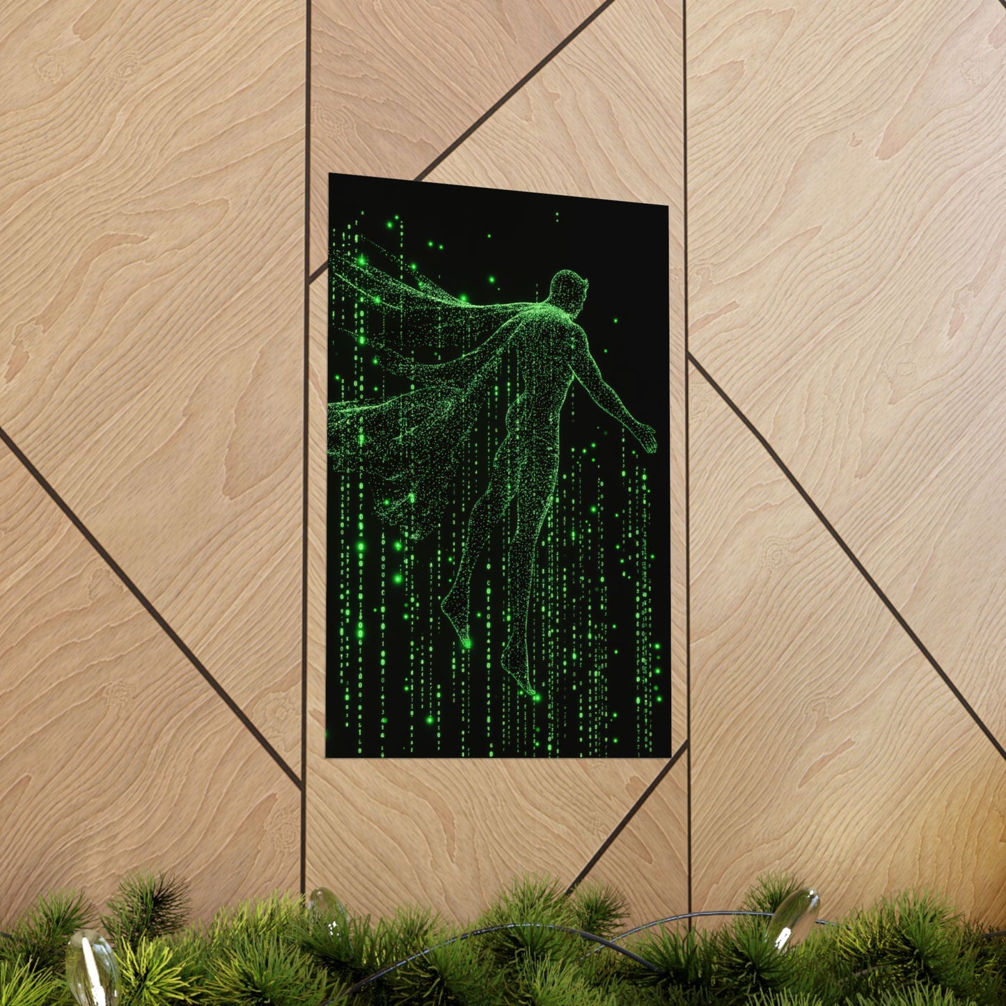 Neon Code Guardian: 3D Glitch Superman Matrix Effect - Digital Illustration Matte Vertical Poster