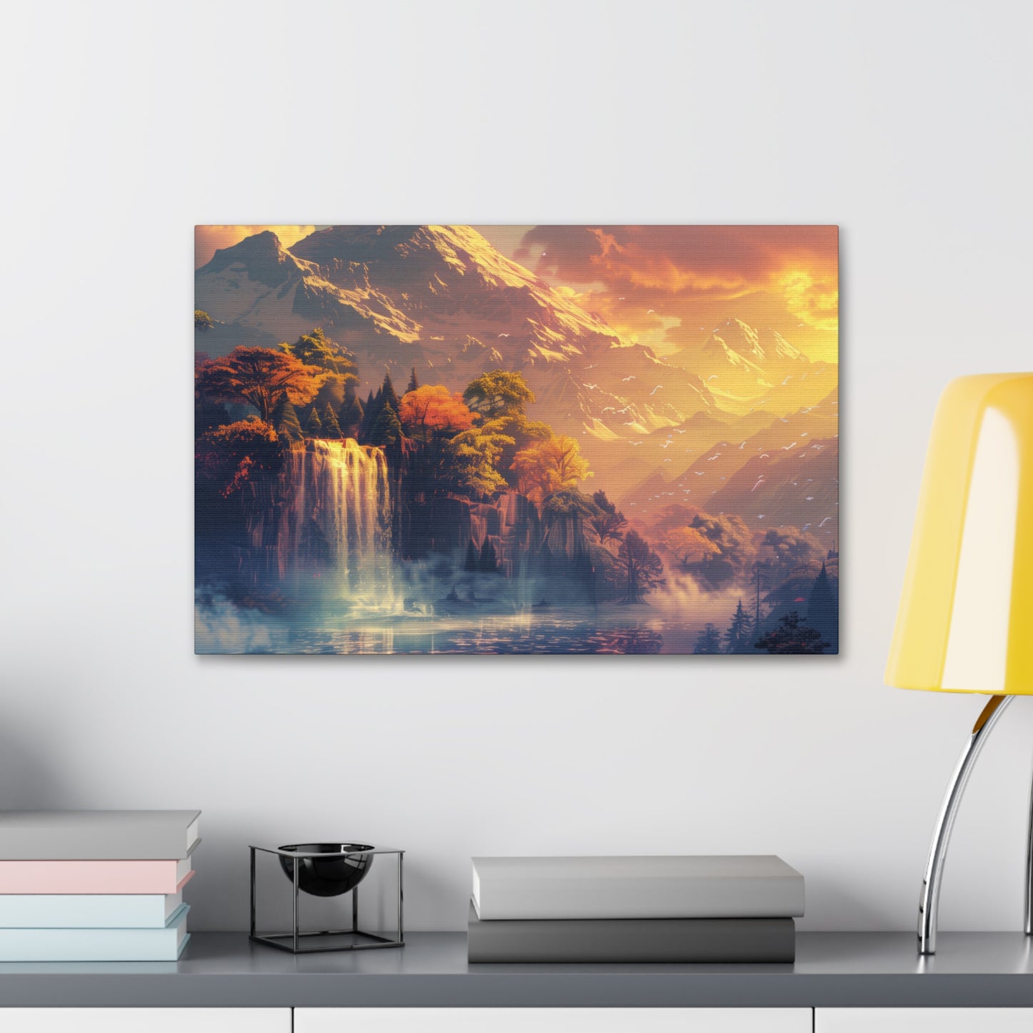 Dreamy Landscape Sunset with Waterfall and Mountains - Digital Illustration Canvas Gallery Wraps