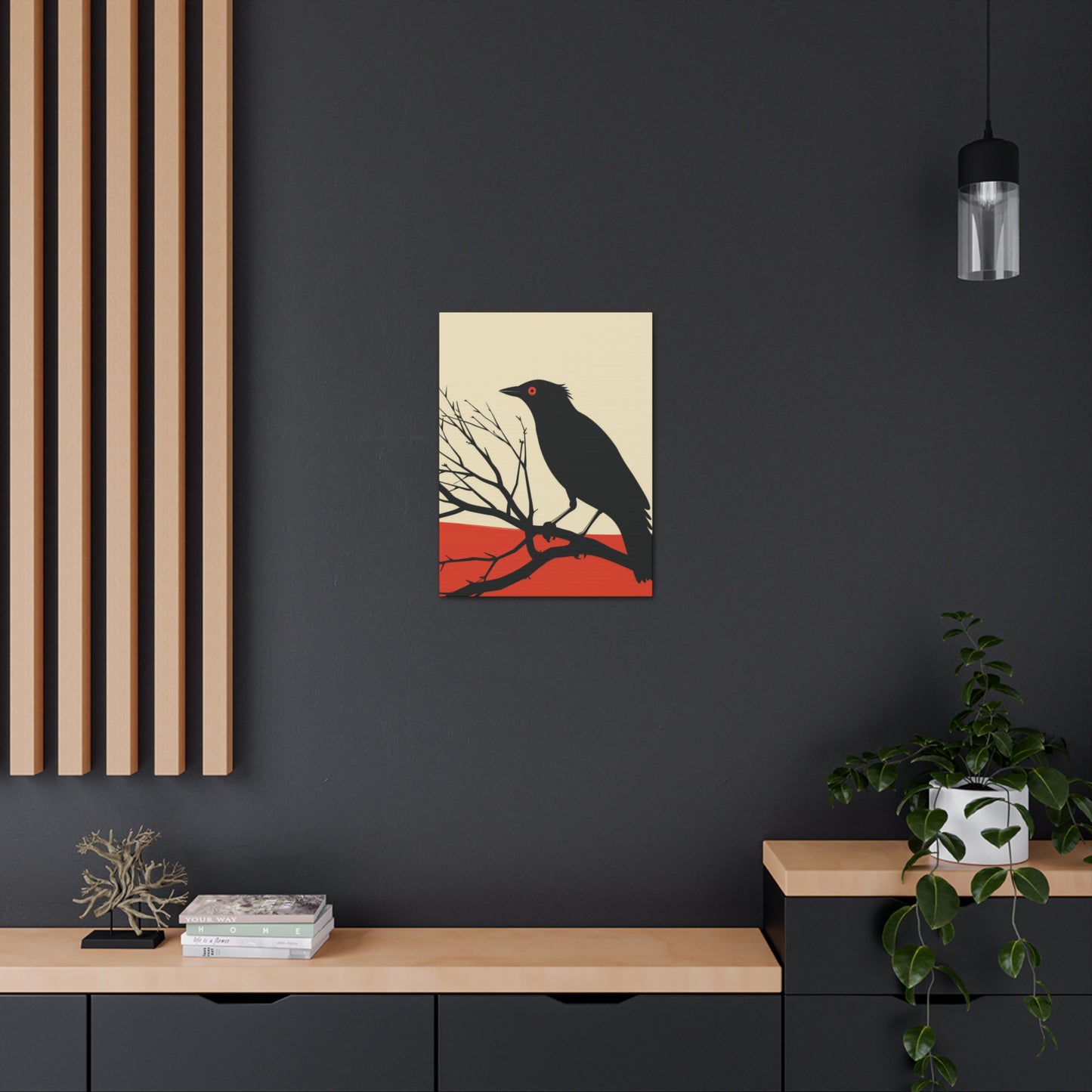 Black Bird Sitting on a Branch Digital Illustration Canvas Gallery Wraps