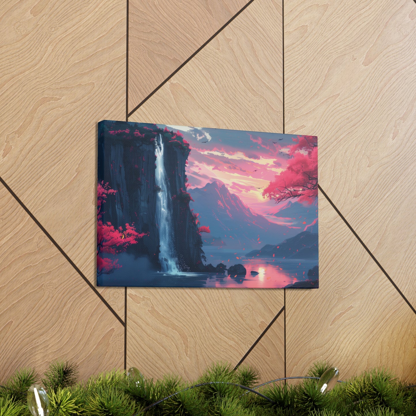 Dreamy Landscape with Waterfall and Mountains - Purple Evening Digital Illustration Canvas Gallery Wraps