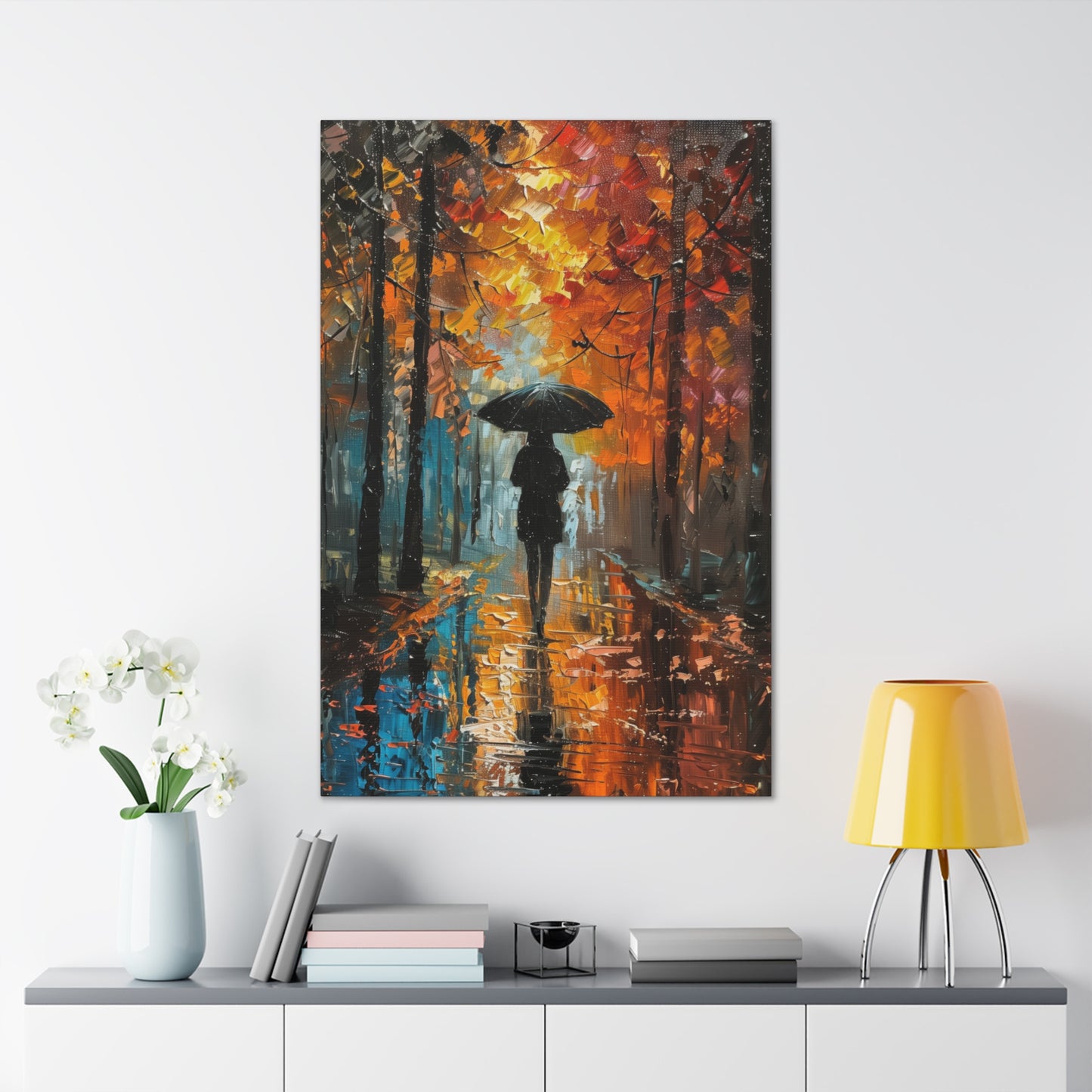 girl with an umbrella walking through forest road - Leonid Afremov Style Digital Print Canvas Gallery Wraps