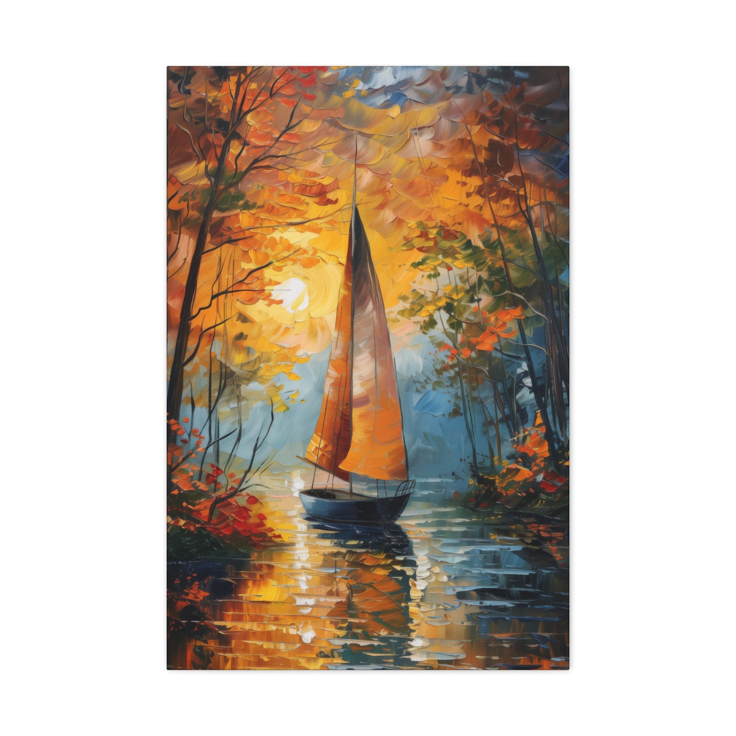 A Boat Sailing Through the Wild River - Leonid Afremov Style Digital Oil Painting Canvas Gallery Wraps