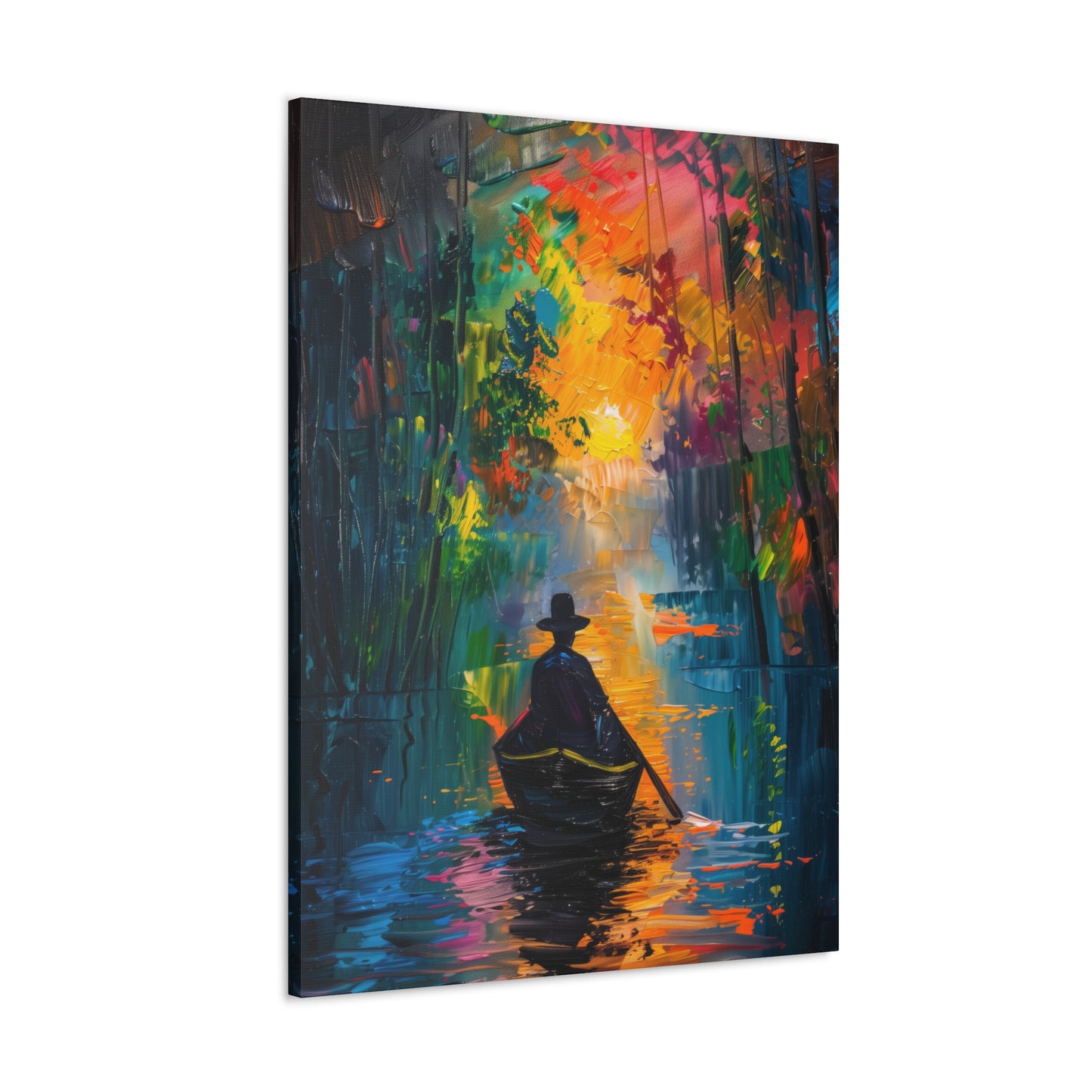 Man Sailing in a Boat in a Autumn Forest River - Claude Monet Style Digital Print Canvas Gallery Wraps