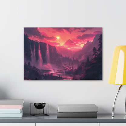 Dreamy Landscape with Waterfall and Mountains - Purple Evening Digital Illustration Canvas Gallery Wraps