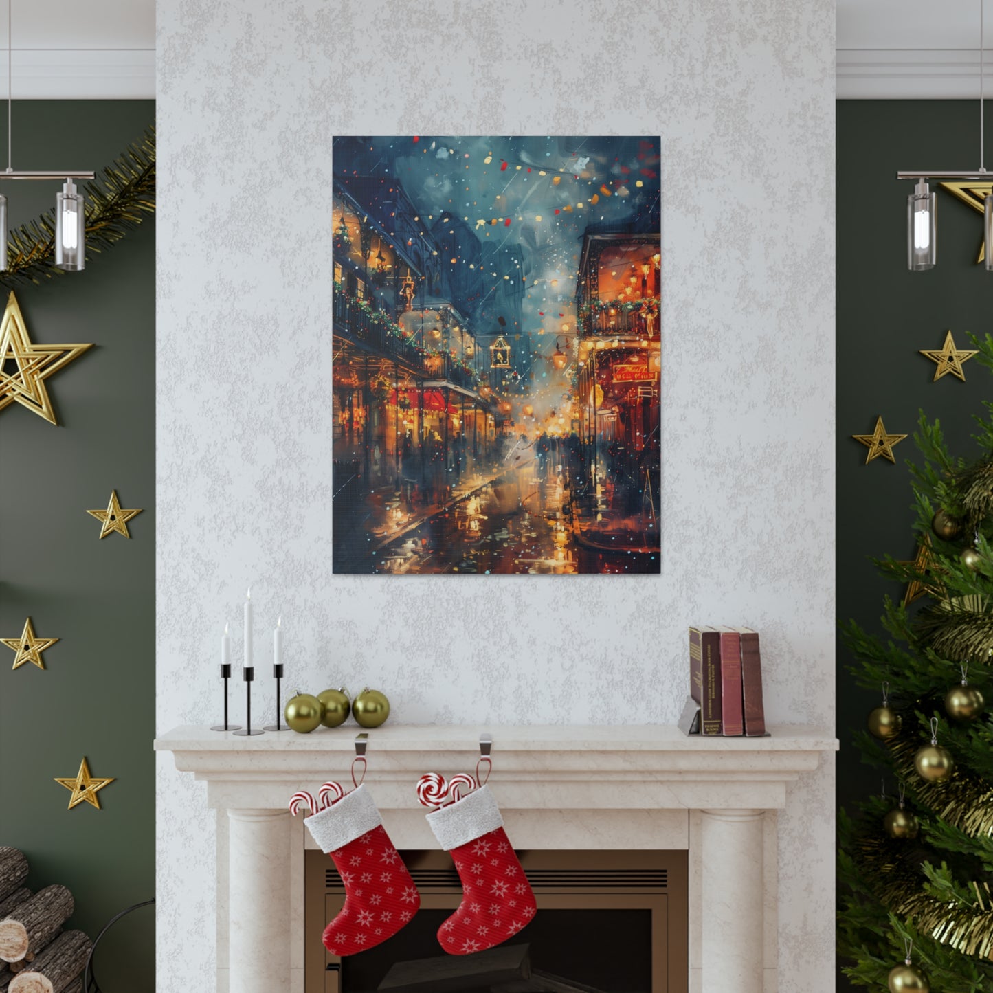 Christmas Street Corner in Downtown - Rembrandt Style Digital Oil Painting  Canvas Gallery Wraps