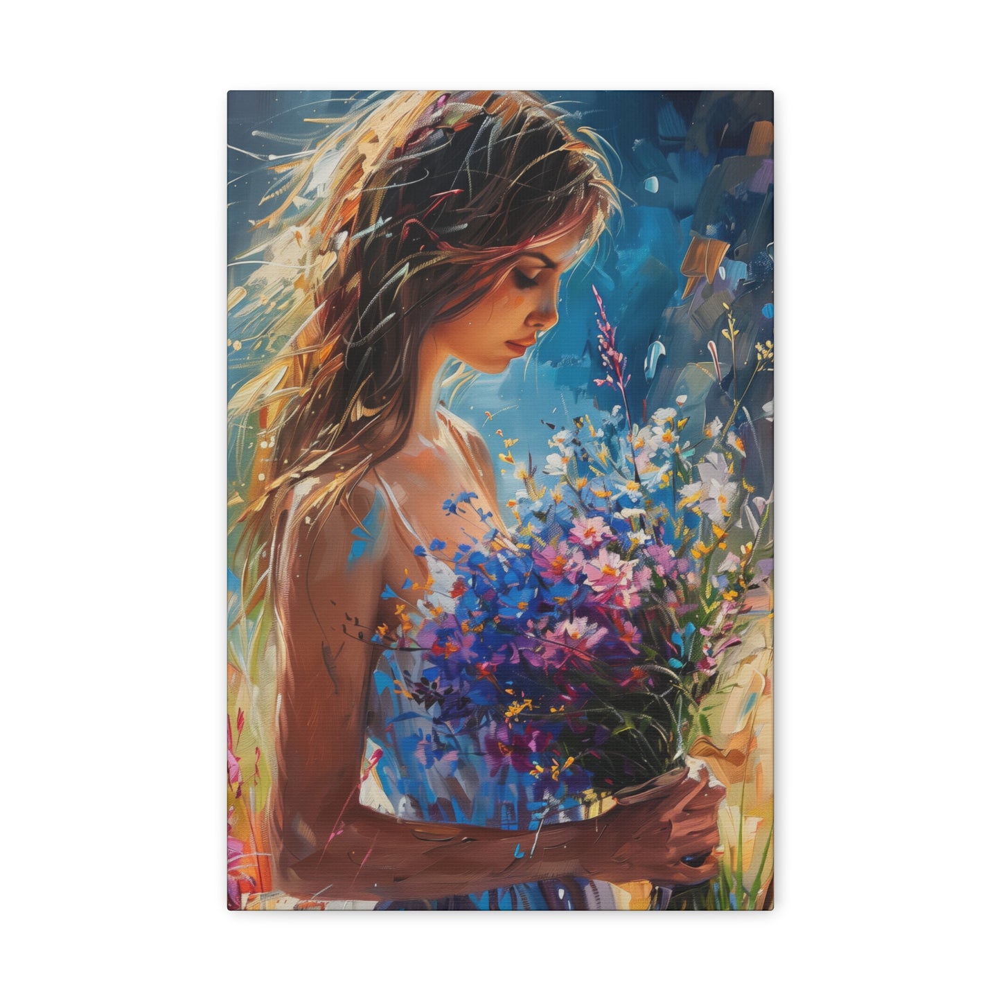 girl holding a flower bouquet - Leonid Afremov Style Digital Print Canvas Gallery Wraps