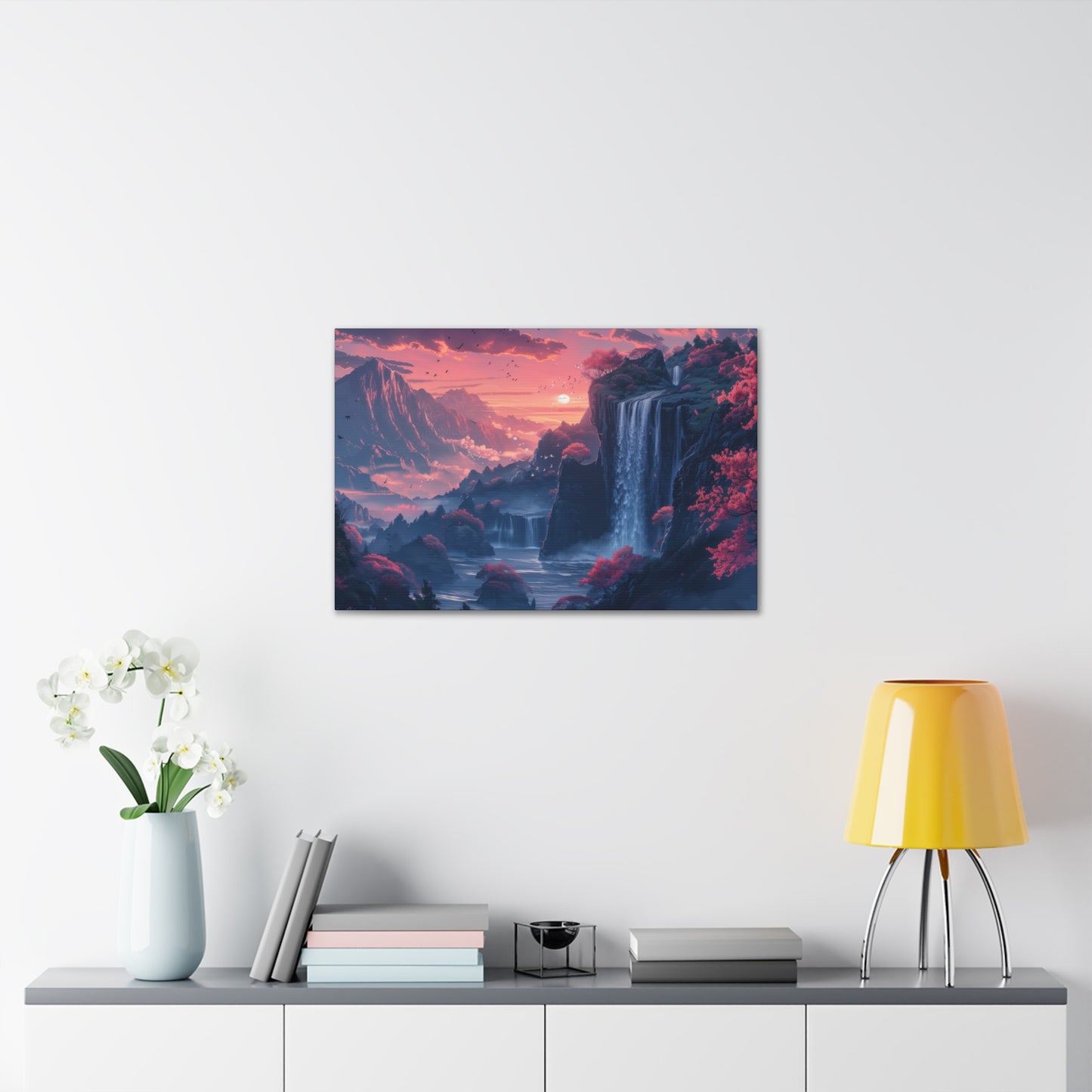 Dreamy Landscape Sunset with Waterfall and Mountains - Digital Illustration Canvas Gallery Wraps