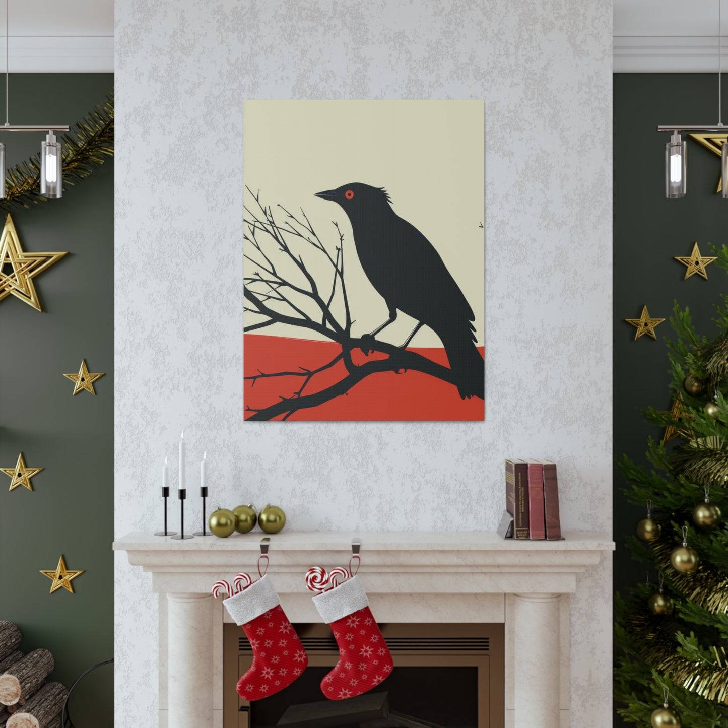 Black Bird Sitting on a Branch Digital Illustration Canvas Gallery Wraps