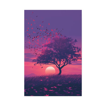 Tree in a Purple Sunset Digital Illustration Canvas Gallery Wraps