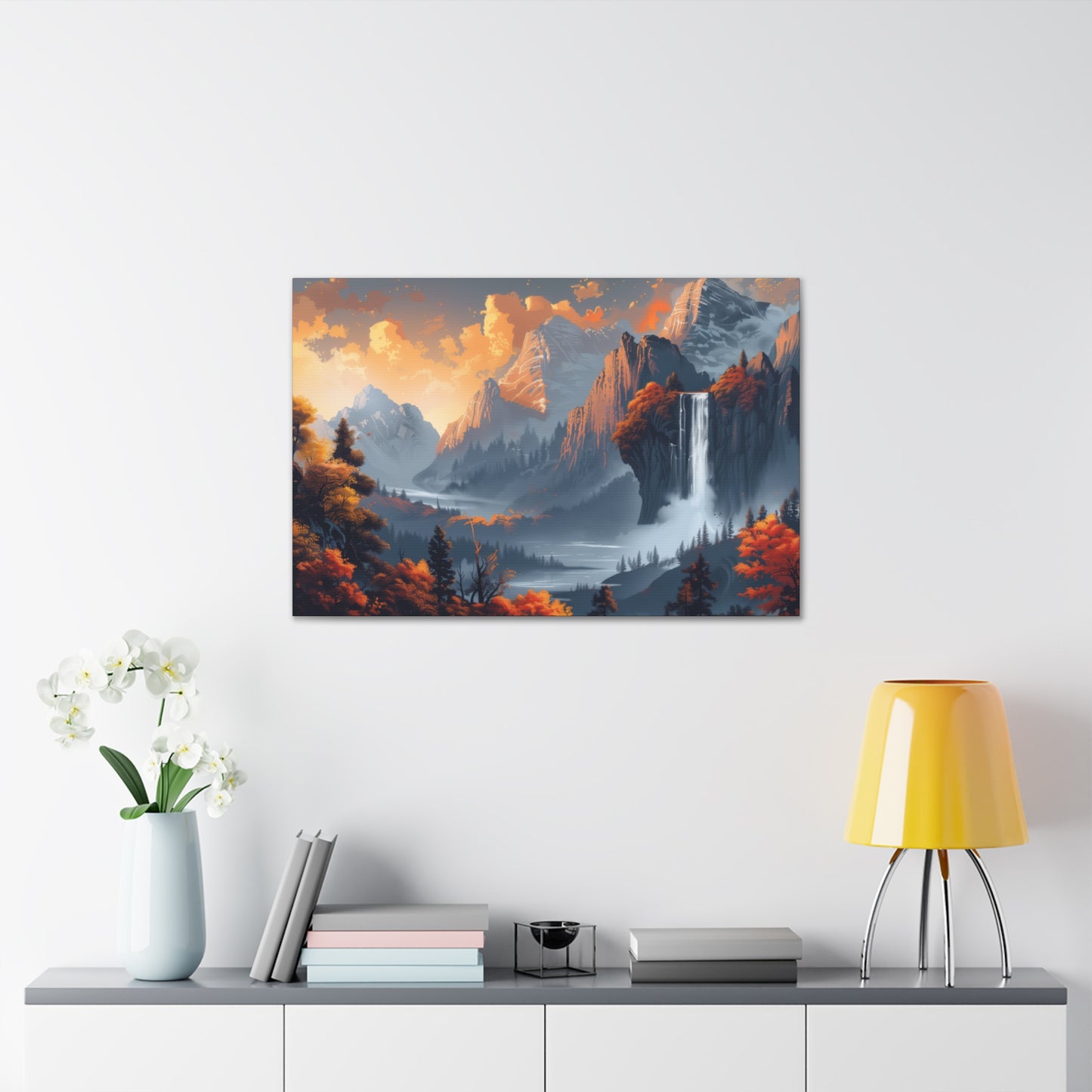 Dreamy Landscape Morning with Waterfall and Mountains - Digital Illustration Canvas Gallery Wraps