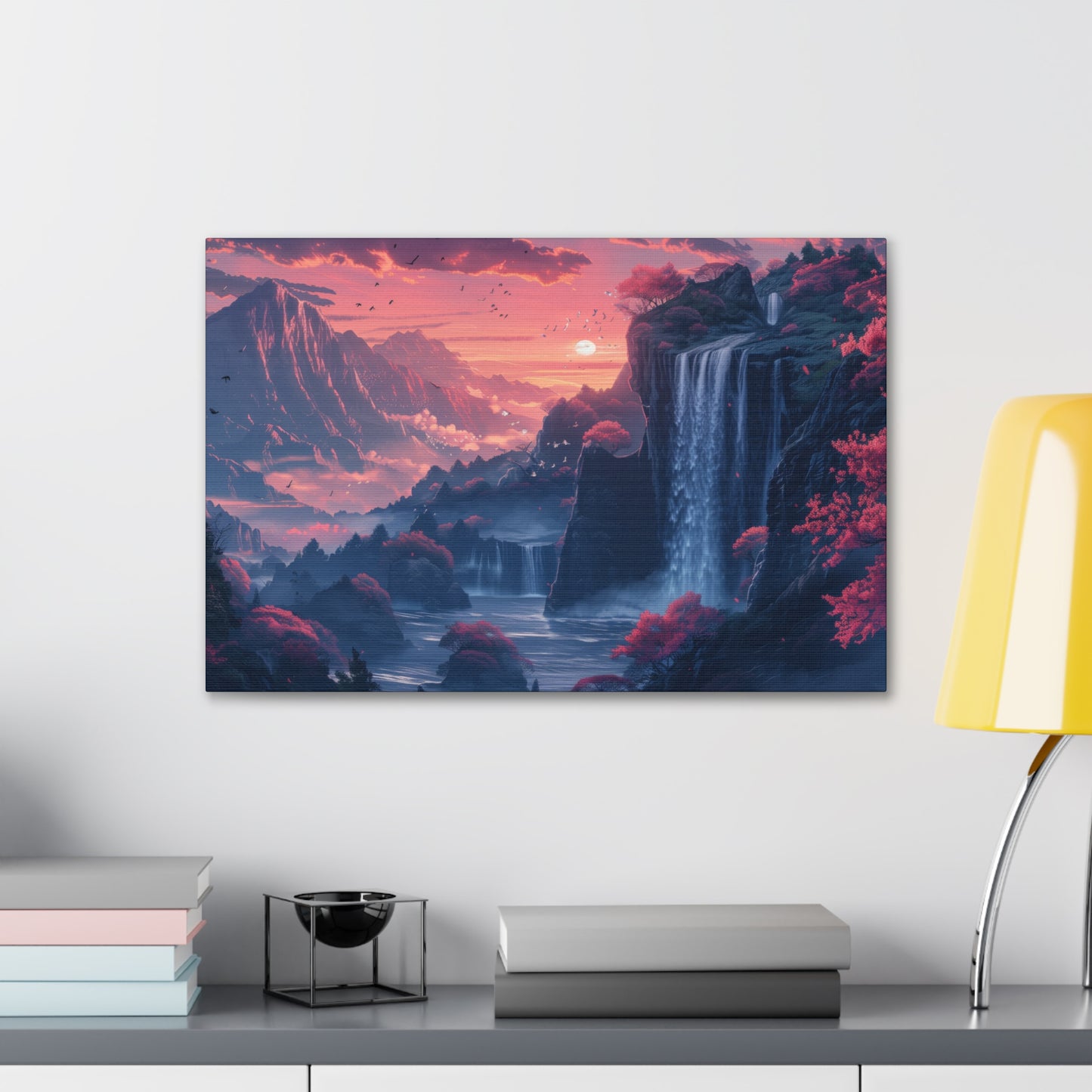 Dreamy Landscape Sunset with Waterfall and Mountains - Digital Illustration Canvas Gallery Wraps