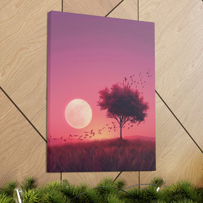 Tree in a Purple Sunset Digital Illustration Canvas Gallery Wraps