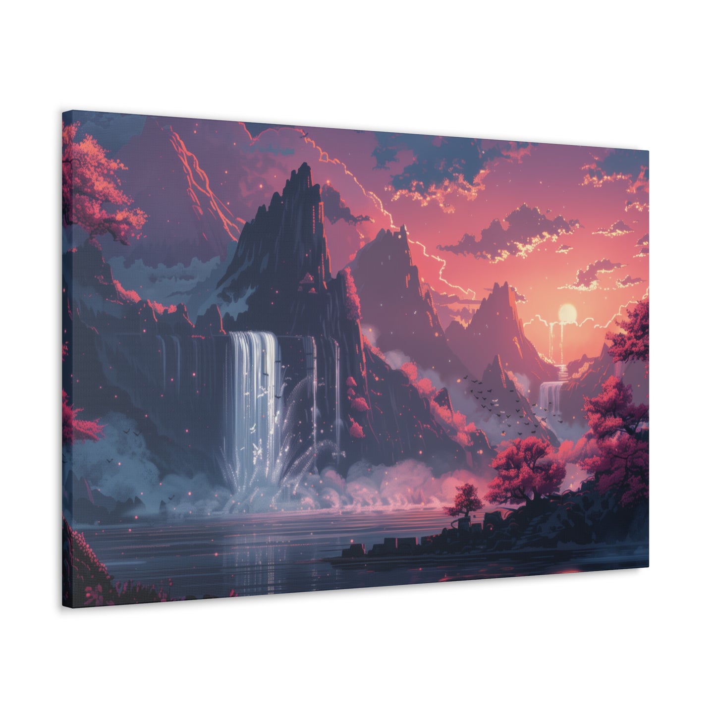 Dreamy Landscape Sunset with Waterfall and Mountains - Digital Illustration Canvas Gallery Wraps