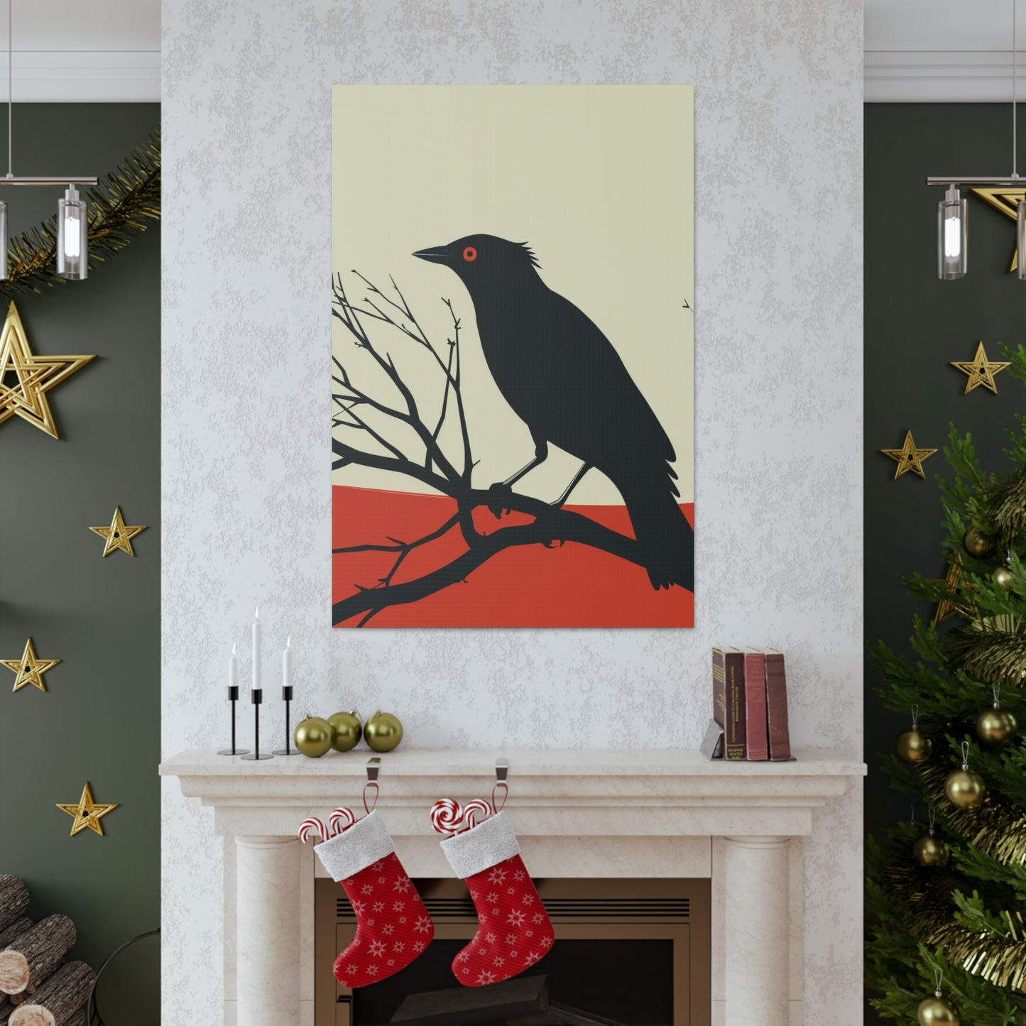 Black Bird Sitting on a Branch Digital Illustration Canvas Gallery Wraps