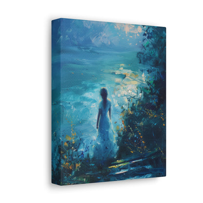 Woman looking at sea night time Digital Oil Painting Print Canvas Gallery Wraps