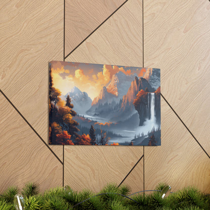 Dreamy Landscape Morning with Waterfall and Mountains - Digital Illustration Canvas Gallery Wraps