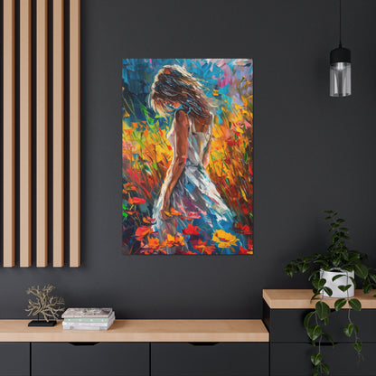 a girl standing in flower field Digital Oil Painting Print Canvas Gallery Wraps