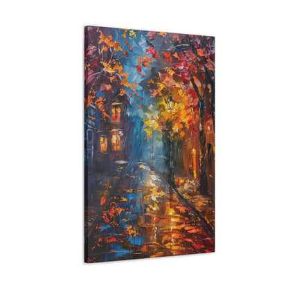 Nighttime Street in Autumn - Leonid Afremov Style Digital Oil Painting Canvas Gallery Wraps