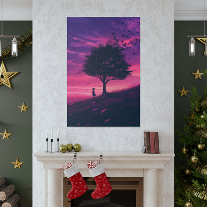 Tree in a Purple Sunset Digital Illustration Canvas Gallery Wraps