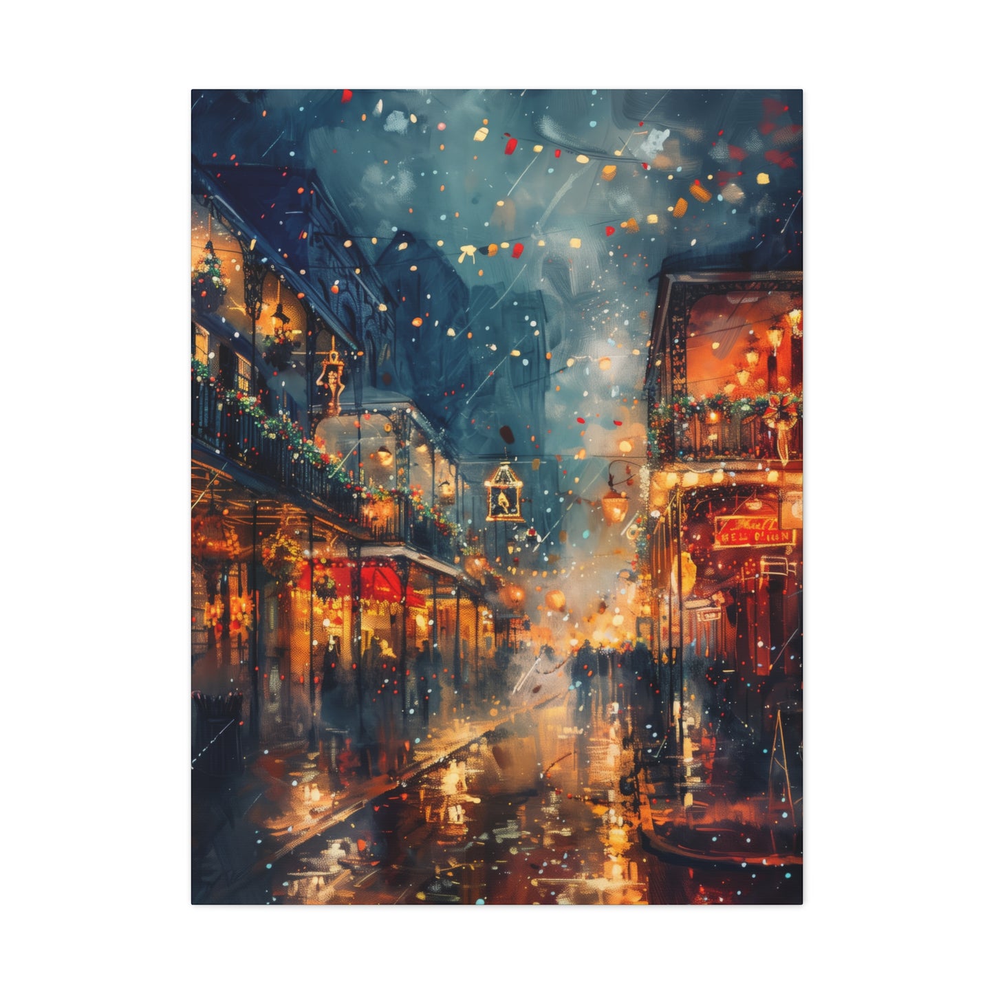 Christmas Street Corner in Downtown - Rembrandt Style Digital Oil Painting  Canvas Gallery Wraps